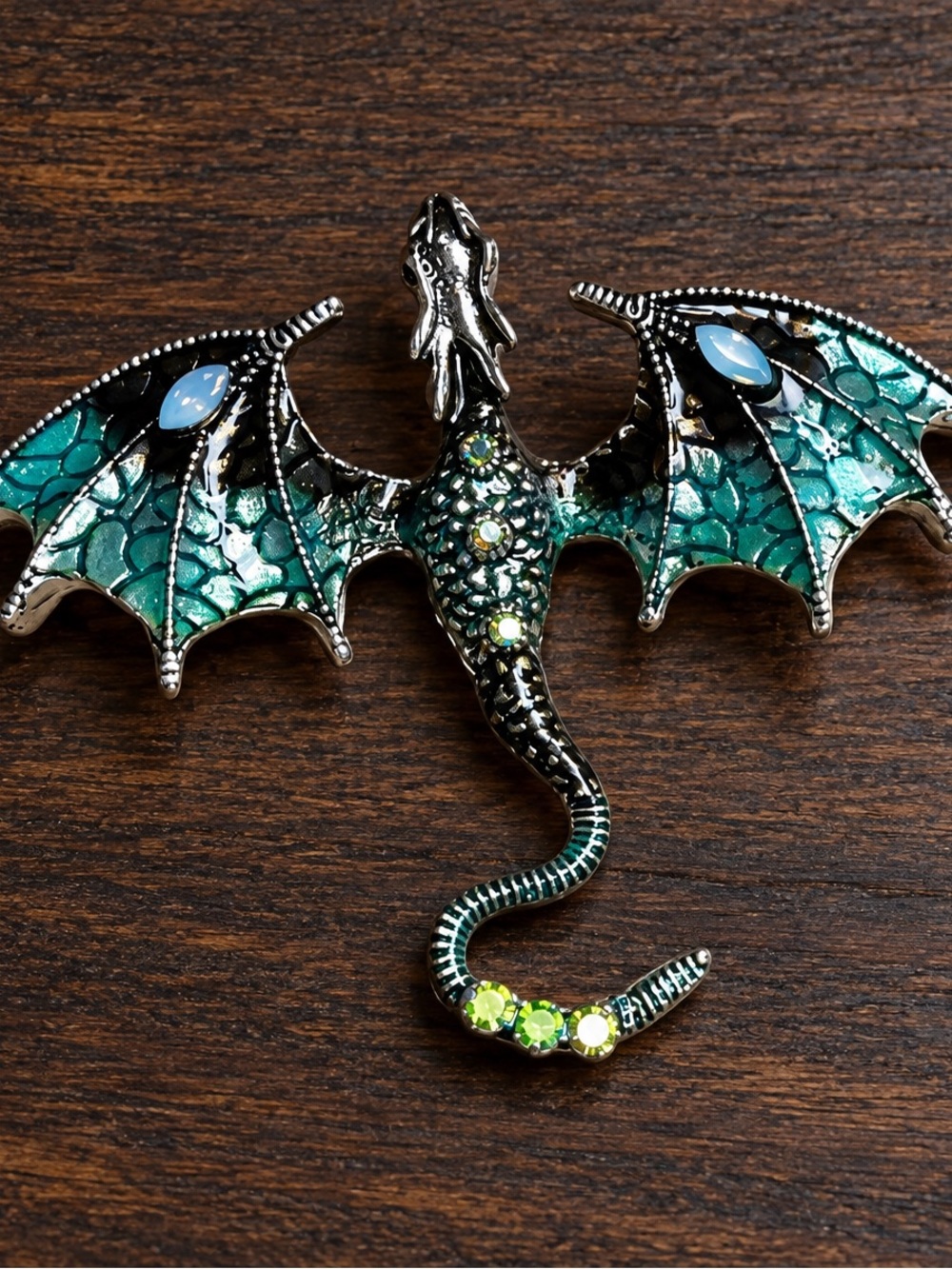 Teal Green Jeweled Dragon Brooch Pin – Rhinestone Enamel Fantasy Jewelry